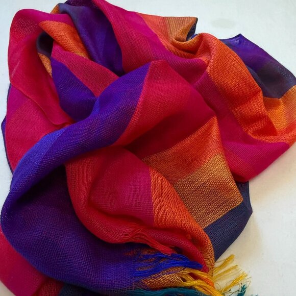 Lightweight Handwoven Rainbow Striped Silk Scarf - Picture 1 of 4